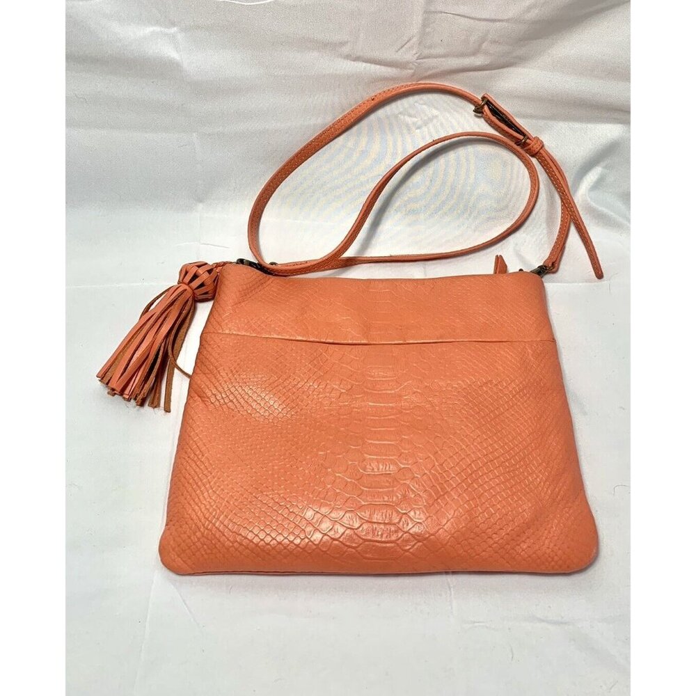 THE SAK Coral Pink Leather Snake Print Messenger Shoulder Bag Magnetic Closure